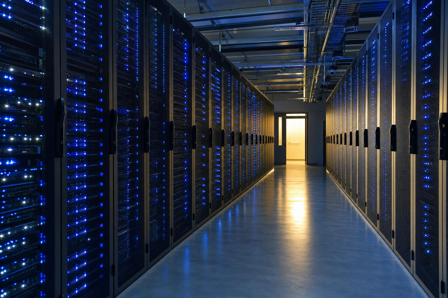 Modern data center-korridor på natten, rader av upplysta serverräck som sträcker sig in i avståndet, med en ljus öppen dörr synlig längst bort, vilket tyder på tillgänglighet och transparens