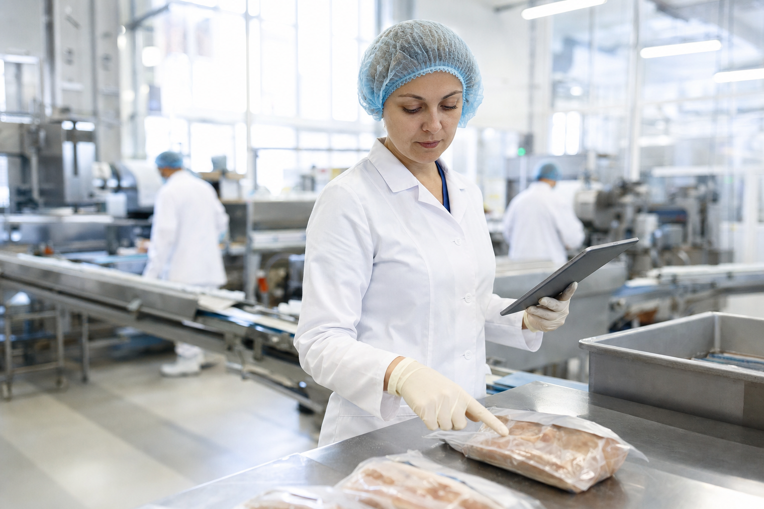 Livsmedelskvalitetsinspektör i vit rock undersöker produkter på en produktionslinje.