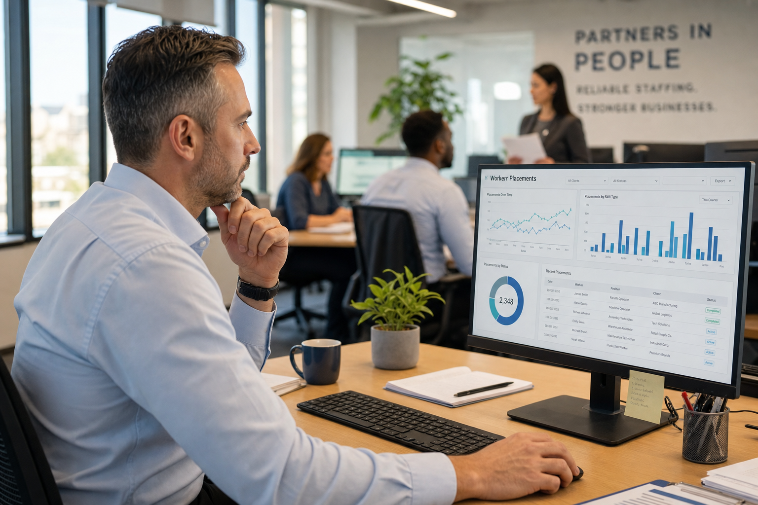 En analytisk instrumentpanel på en surfplatta visar realtidsvinstmarginaler för flera tillfälliga personalplaceringar, med gröna och röda indikatorer för prestanda mot mål.